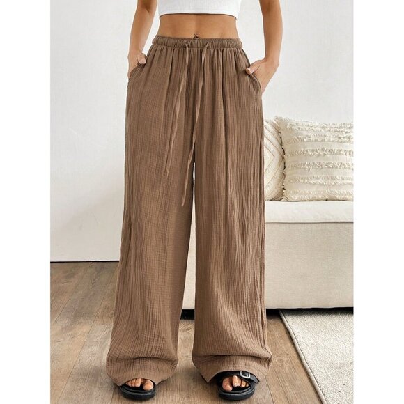 Cotton drawstring pants textured wide leg pants boho black - Picture 3 of 6